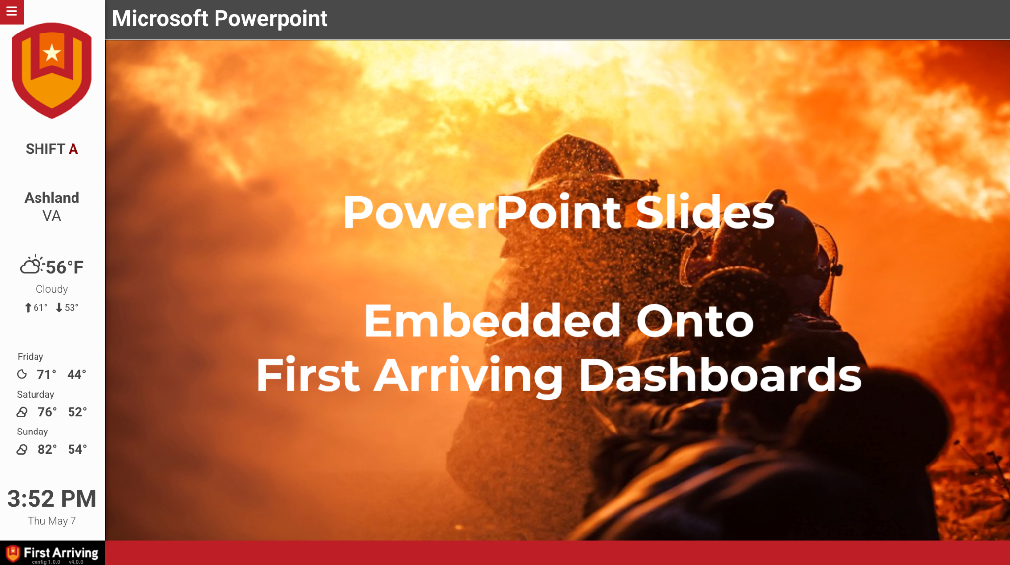 A PowerPoint deck embedded on a First Arriving dashboard
