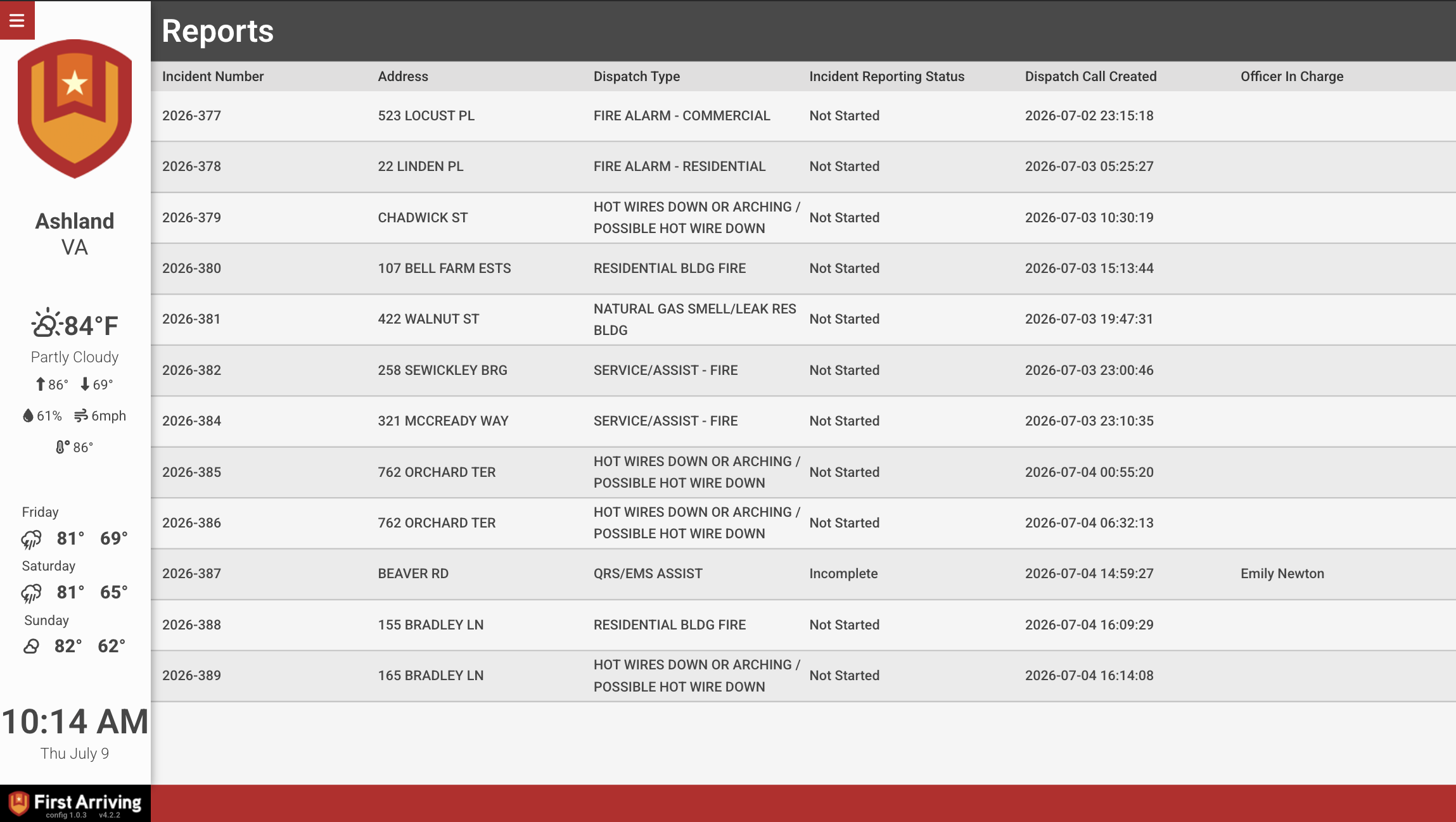 Incident Reports table on a First Arriving dashboard