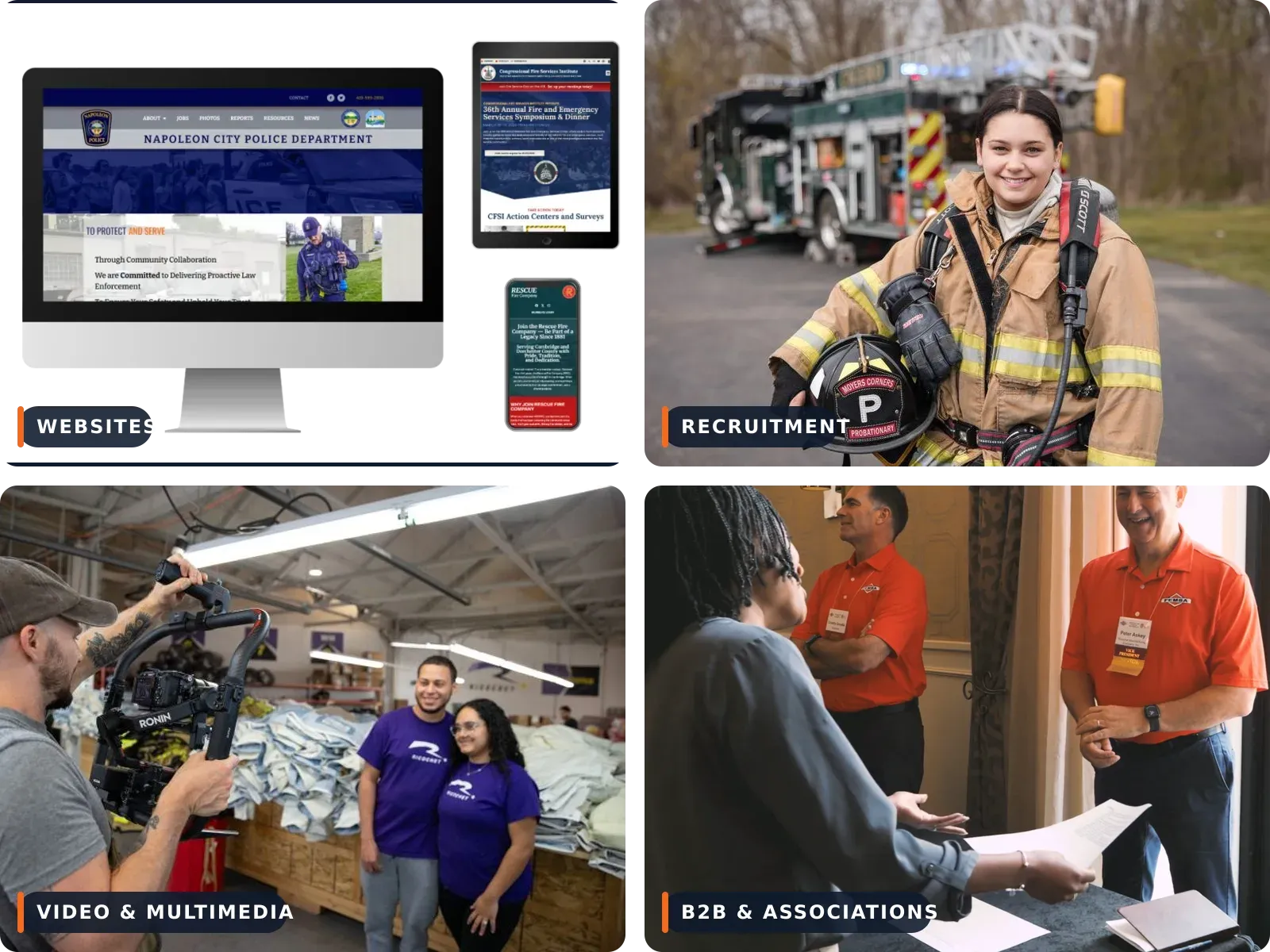 Responder MAX services: public safety websites, firefighter recruitment, video production, and B2B and association support