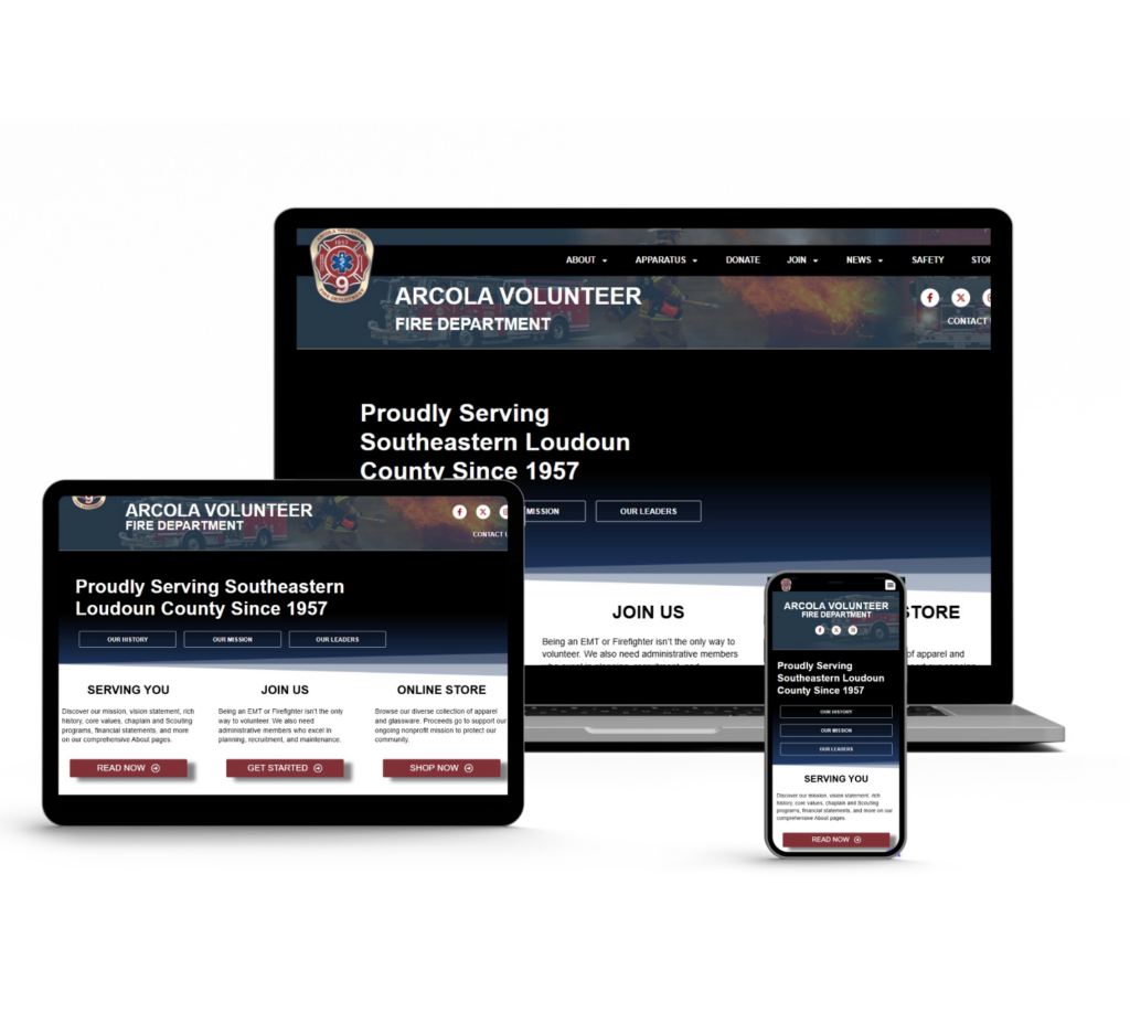 A fire department website shown on a laptop, tablet and smartphone