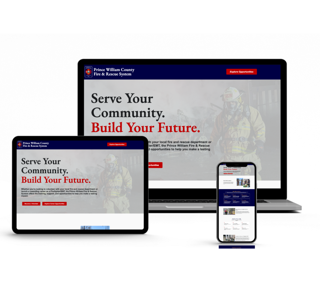 The Prince William County Fire & Rescue System website on a laptop, tablet and smartphone