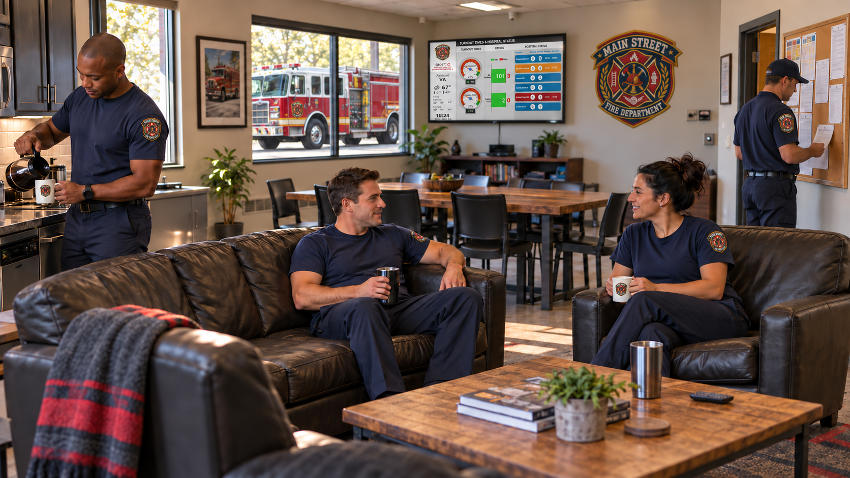 Firefighters in a station with a First Arriving digital signage dashboard on the wall behind them
