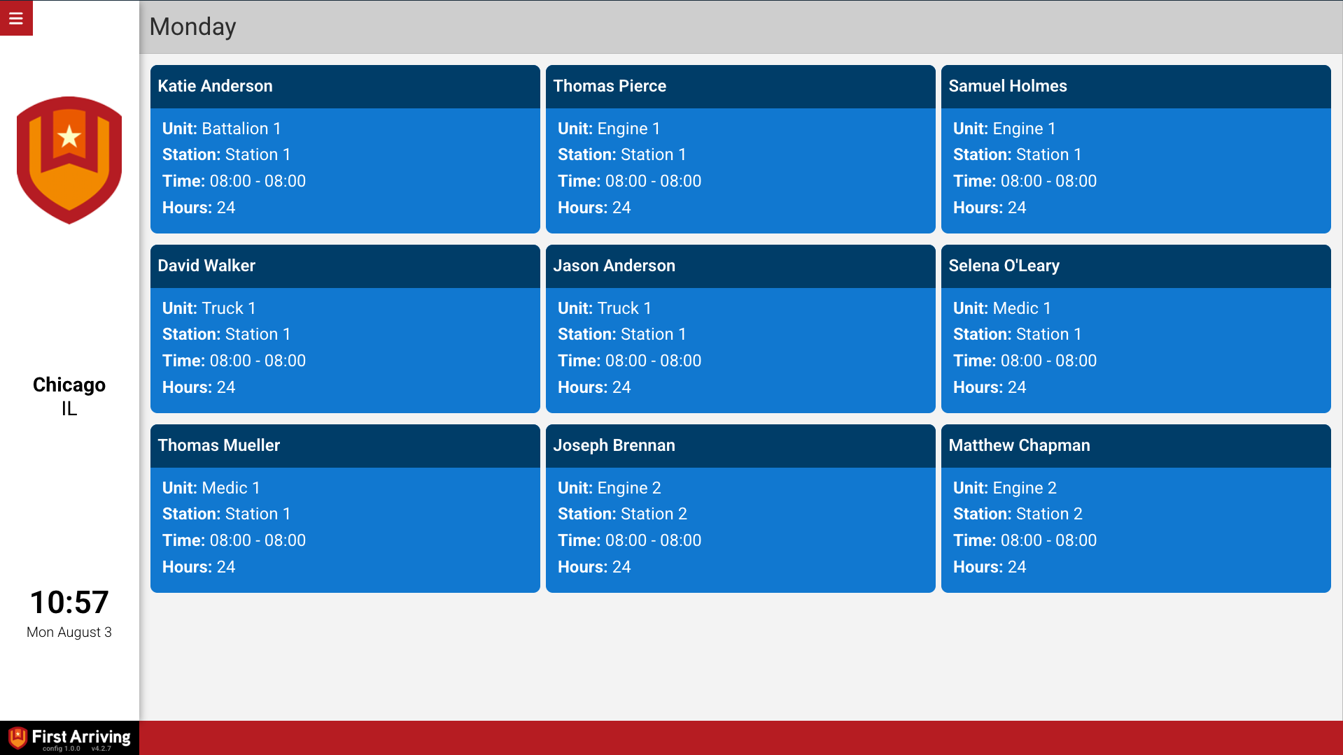 Stationwise condensed roster cards on a First Arriving dashboard
