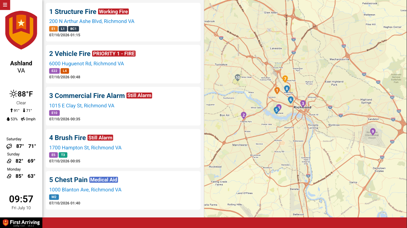 Richmond VA fire and EMS dispatch screen showing active incidents on map and incident list with addresses and times