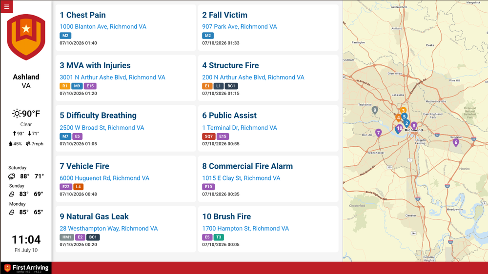 Fire station dashboard listing recent alarms alongside an incident map